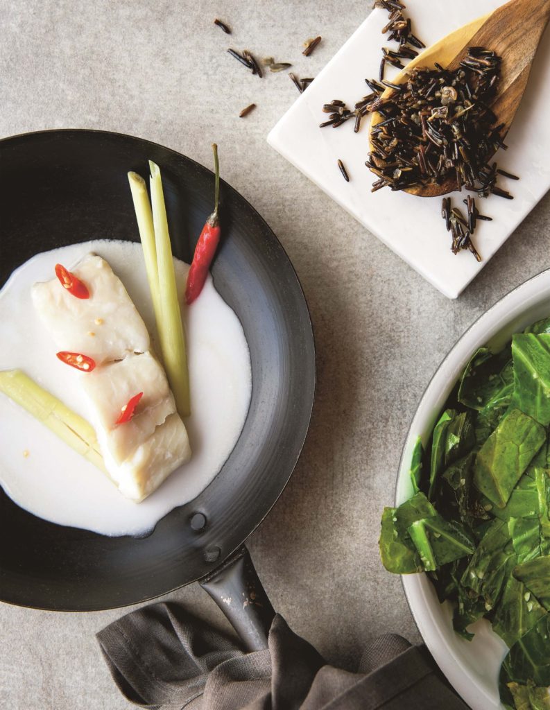 Coconut and Lemongrass Poached Halibut with Collard Greens, Quinoa, and Wild Rice
