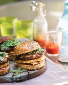 Stuffed Hawaiian Burgers with Grilled Pineapple, Peameal, and Teriyaki Ketchup