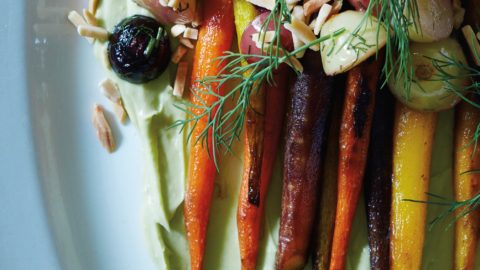 PAN-ROASTED CARROTS with SALT-ROASTED GRAPES and CARROT-TOP GREEN GODDESS  DRESSING
