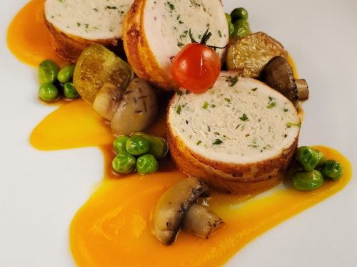 Chicken Mousseline Ballotine with Squash Puree Chasseur Sauce and Seasonal Vegetables