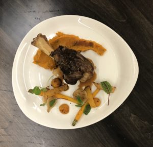 Braised Bahamian Spiced Ontario Lamb Shanks with Sweet Potato Mash and Roasted Root Vegetables