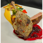 Duet of Duck with Spiced Grape Gastrique and a Foie Gras & Morel Mushroom Bread Pudding