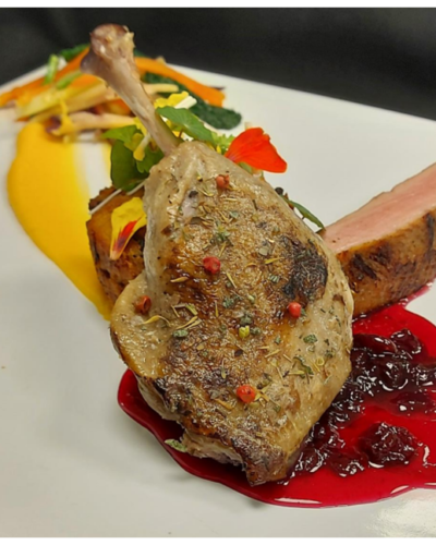 Duet of Duck with Spiced Grape Gastrique and a Foie Gras & Morel Mushroom Bread Pudding