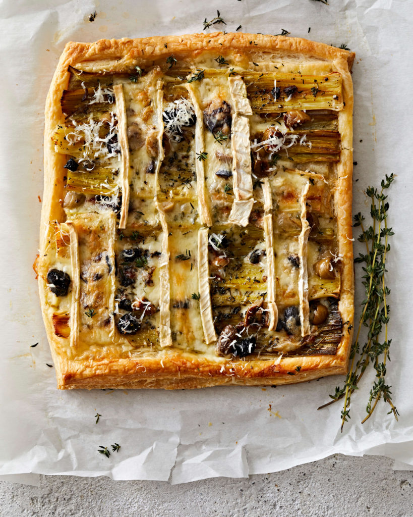 Leek and Olive Tart with Two Cheeses