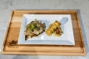 Team Fleming College: Beef Tongue with a Mushroom Cream Sauce, Jasmine Rice, Oxtail Spring Roll and Pickled Papaya Slaw