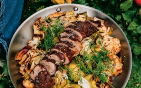 Pan-Roasted Cauliflower, Leek, Apple and Cinnamon-Crusted Pork Tenderloin