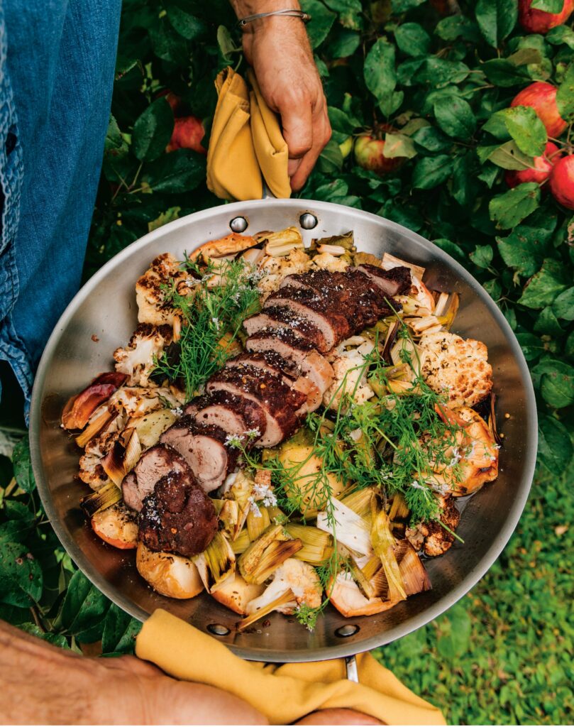 Pan-Roasted Cauliflower, Leek, Apple and Cinnamon-Crusted Pork Tenderloin