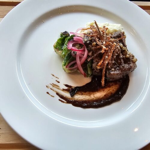 Cooks The Books: Walnut and Herb Crusted Top Sirloin Steak with Cauliflower Mousse and Prune Sauce