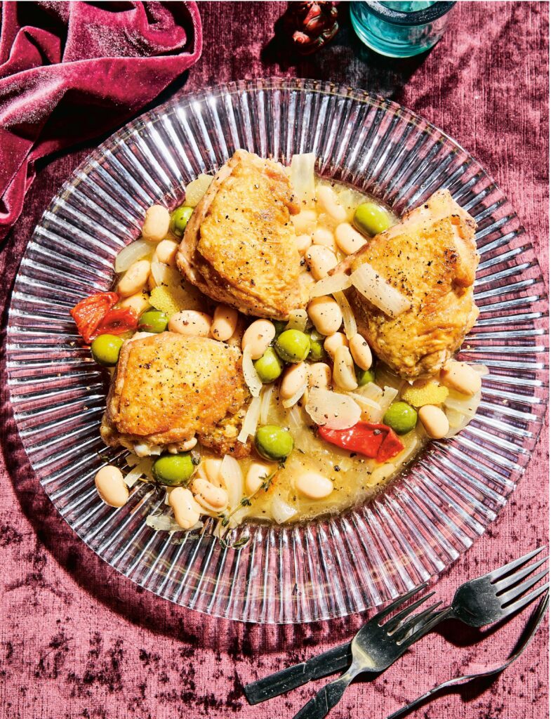 Crispy Chicken Thighs with Vinegar Beans