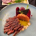 Birch Wasabi Flat Iron Steak with Kimora Rice Cake & Butter Braised Carrots