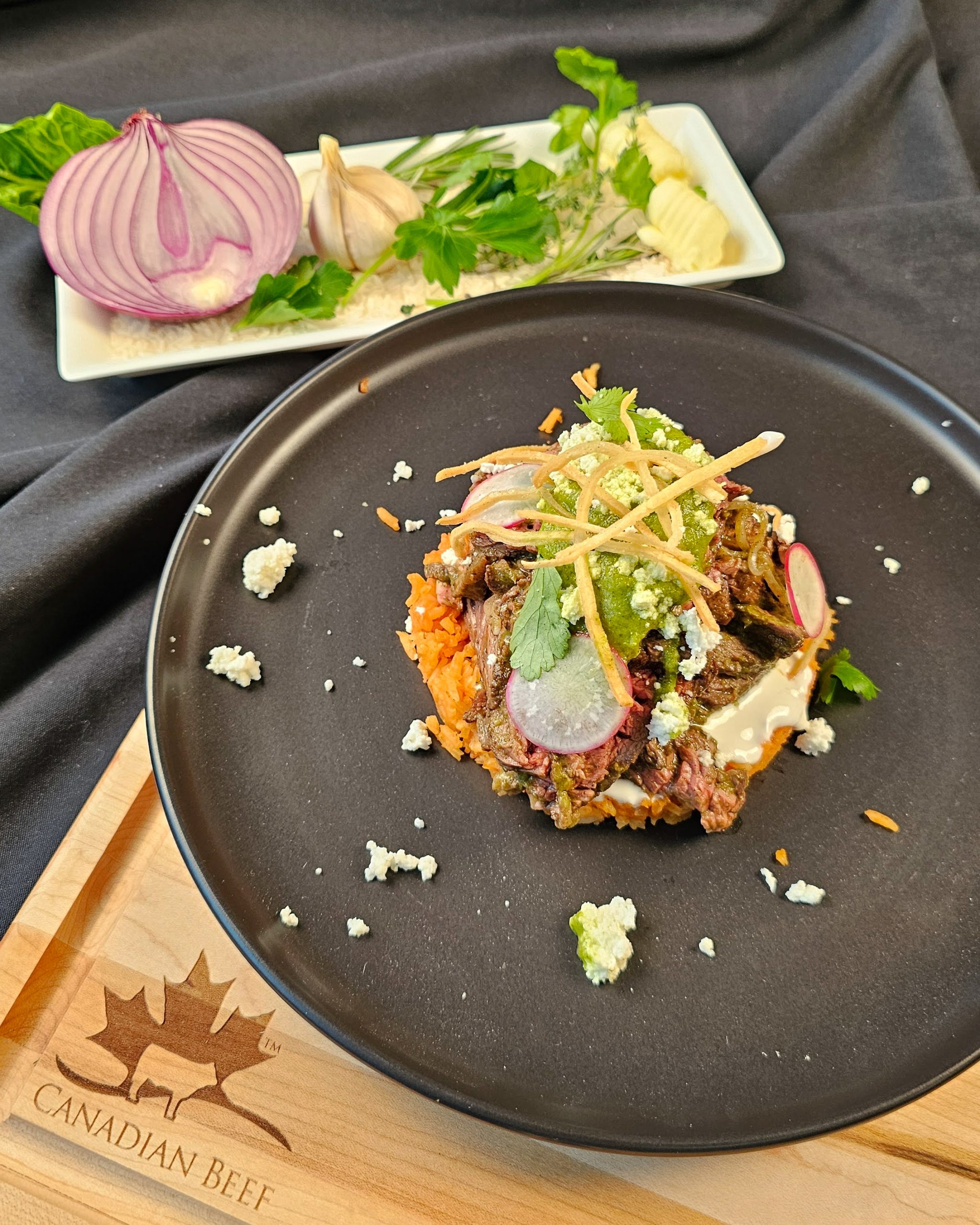 Beef Bavette Carne Asada with Arroz Rojo, Salsa Verde and Crispy Tortilla Strips