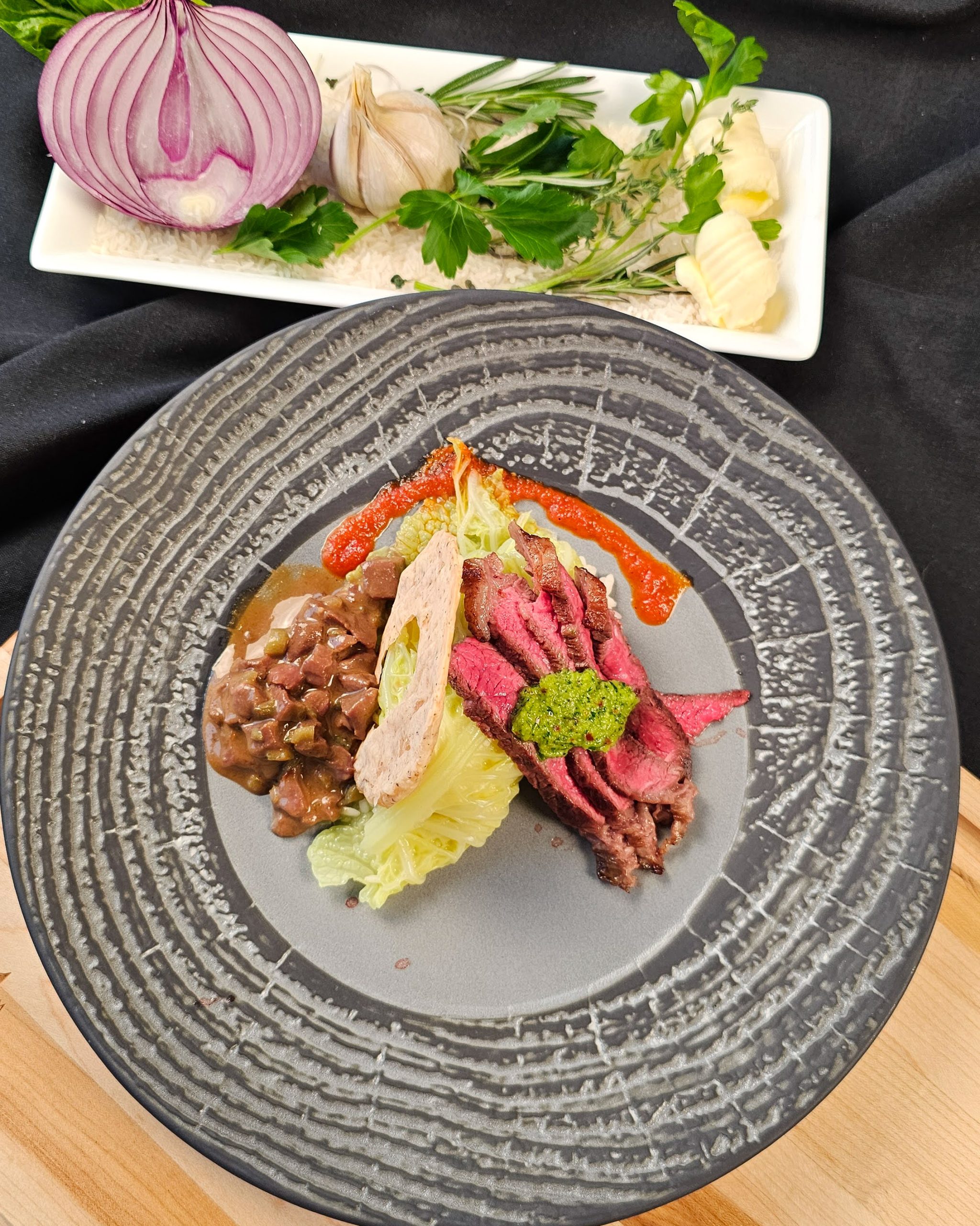 Chimichurri Grilled Sirloin Cap Steak with Beef Heart Tartare and Rice Cracker