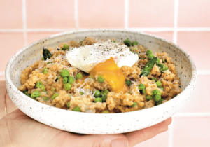 15­ Minute Savory Oat “Risotto” with Asparagus and Peas