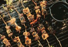 APPLE CHICKEN SKEWERS WITH MULLED CIDER TARE SAUCE AND SEVEN-SPICE SPRINKLE