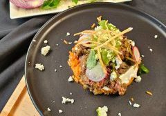 Beef Bavette Carne Asada with Arroz Rojo, Salsa Verde and Crispy Tortilla Strips